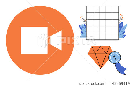 Video camera icon grid pattern and diamond award vector illustration. Digital media, content creation, achievement, quality, user interface, graphic design. Film symbol, square mesh, gem Video camera icon grid pattern and diamond award vector illustration. Digital media, content creation, achievement, quality, user interface, graphic design. Film symbol, square mesh, gem 143369419