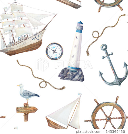 Watercolor nautical seamless pattern with vintage sailing ship, lighthouse, anchor, steering wheel, seagull, compass and rope. Hand drawn marine background isolated Watercolor nautical seamless pattern with vintage sailing ship, lighthouse, anchor, steering wheel, seagull, compass and rope. Hand drawn marine background isolated 143369430