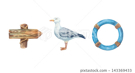 Nautical marine watercolor set with authentic seagull bird rustic wooden signpost and blue lifebuoy. Isolated hand drawn illustration elements. Detailed collection for scandinavian design Nautical marine watercolor set with authentic seagull bird rustic wooden signpost and blue lifebuoy. Isolated hand drawn illustration elements. Detailed collection for scandinavian design 143369433