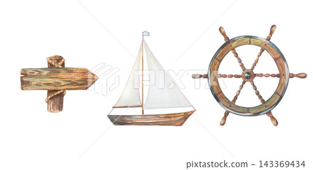 Nautical marine watercolor set with minimalist wooden sailboat rustic arrow signpost and authentic helm steering wheel. Isolated hand drawn illustration elements. Nautical marine watercolor set with minimalist wooden sailboat rustic arrow signpost and authentic helm steering wheel. Isolated hand drawn illustration elements. 143369434