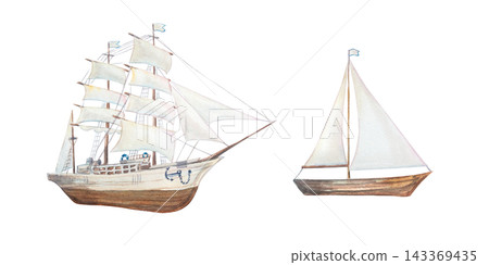 Classic wooden sailboat ship set with detailed frigate vessel and minimalist yacht boat. Isolated hand drawn watercolor illustration elements. Retro detailed drawing for marine scandinavian print Classic wooden sailboat ship set with detailed frigate vessel and minimalist yacht boat. Isolated hand drawn watercolor illustration elements. Retro detailed drawing for marine scandinavian print 143369435