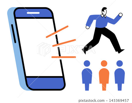 Smartphone with running man and group of people vector illustration. Digital marketing, user acquisition, mobile growth, audience targeting, conversion rate, customer retention. Cellphone with active Smartphone with running man and group of people vector illustration. Digital marketing, user acquisition, mobile growth, audience targeting, conversion rate, customer retention. Cellphone with active 143369457