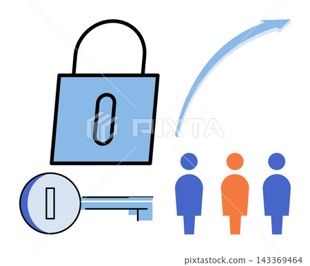 Padlock key and people with upward arrow vector illustration. Data protection, business growth, access control, team security, privacy management, success strategy. Locked device and users Padlock key and people with upward arrow vector illustration. Data protection, business growth, access control, team security, privacy management, success strategy. Locked device and users 143369464