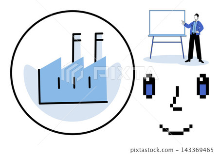 Factory icon with a presenter at a whiteboard and a pixelated face vector illustration. Manufacturing, corporate training, digital identity, industrial production, education, human technology Factory icon with a presenter at a whiteboard and a pixelated face vector illustration. Manufacturing, corporate training, digital identity, industrial production, education, human technology 143369465