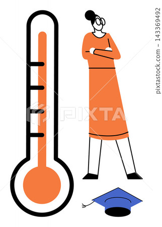 Woman standing next to a large thermometer and graduation cap vector illustration. Education, health, academic success, temperature check, student, future career. Female person with degree 143369492