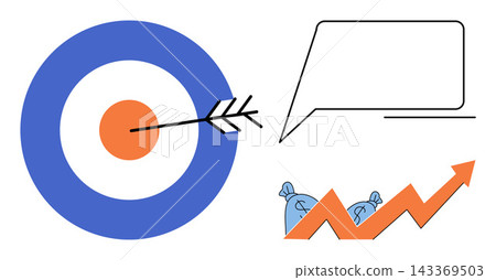 Target with arrow, speech bubble, and rising profit chart vector illustration. Marketing, investment, communication, achievement, finance, planning. Bullseye icon, message box money bags Target with arrow, speech bubble, and rising profit chart vector illustration. Marketing, investment, communication, achievement, finance, planning. Bullseye icon, message box money bags 143369503