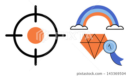 Target symbol with rainbow diamond and award ribbon vector illustration. Success, achievement, goal setting, business strategy, quality assurance, marketing vision. Aim sign with prize gem Target symbol with rainbow diamond and award ribbon vector illustration. Success, achievement, goal setting, business strategy, quality assurance, marketing vision. Aim sign with prize gem 143369504