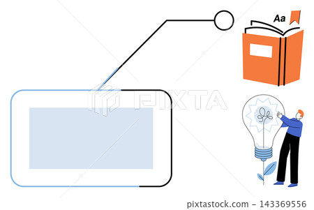 Tablet screen with book and lightbulb idea vector illustration. Learning, innovation, knowledge, creativity, digital education, brainstorming. Electronic device connected to study materials Tablet screen with book and lightbulb idea vector illustration. Learning, innovation, knowledge, creativity, digital education, brainstorming. Electronic device connected to study materials 143369556