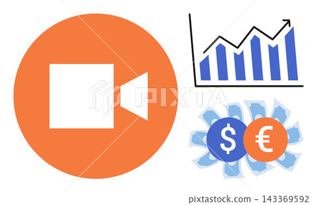 Video camera icon with growth chart and currency symbols vector illustration. Digital marketing, financial success, revenue growth, content monetization, business analytics, investment. Media Video camera icon with growth chart and currency symbols vector illustration. Digital marketing, financial success, revenue growth, content monetization, business analytics, investment. Media 143369592