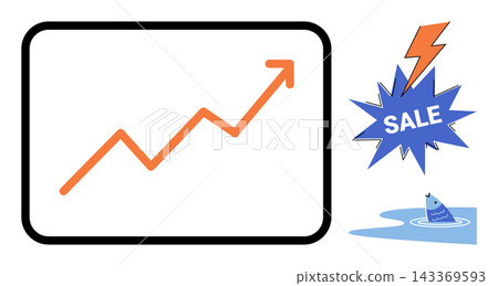 Rising growth chart with sale flash icon and fish vector illustration. Marketing, commerce, retail, finance, success, strategy. Increasing trend graph with discount burst and aquatic animal Rising growth chart with sale flash icon and fish vector illustration. Marketing, commerce, retail, finance, success, strategy. Increasing trend graph with discount burst and aquatic animal 143369593