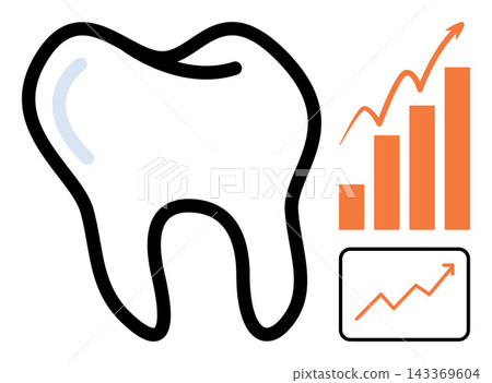 A tooth icon next to rising financial charts and growth graphs vector illustration. Dentistry, business success, revenue, investment, healthcare marketing, profit. Oral health economic progress A tooth icon next to rising financial charts and growth graphs vector illustration. Dentistry, business success, revenue, investment, healthcare marketing, profit. Oral health economic progress 143369604