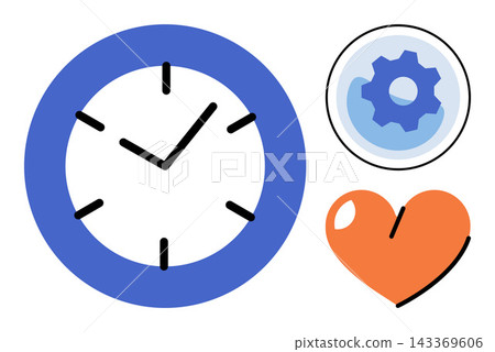 Clock gear and heart icons vector illustration. Productivity, health, efficiency, wellness, organization, lifestyle. Chronometer cogwheel and love symbol graphics for professional design 143369606