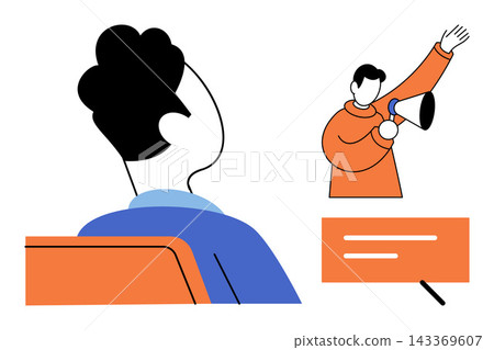 Person watching a digital webinar presentation vector illustration. Online education, remote learning, virtual conference, business communication, marketing strategy, public speaking. Audience Person watching a digital webinar presentation vector illustration. Online education, remote learning, virtual conference, business communication, marketing strategy, public speaking. Audience 143369607