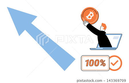Businessman holding a bitcoin coin emerging from a laptop screen with a growth arrow vector illustration. Cryptocurrency, financial growth, digital investment, online trading, profit, success Businessman holding a bitcoin coin emerging from a laptop screen with a growth arrow vector illustration. Cryptocurrency, financial growth, digital investment, online trading, profit, success 143369709
