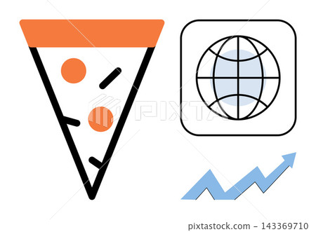Pizza slice, globe icon and rising arrow chart vector illustration. Food delivery, international business, market expansion, logistics, global trade, sales growth. Fast food shipping worldwide Pizza slice, globe icon and rising arrow chart vector illustration. Food delivery, international business, market expansion, logistics, global trade, sales growth. Fast food shipping worldwide 143369710
