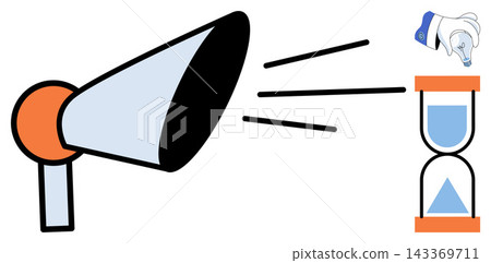 Megaphone broadcasting to an hourglass vector illustration. Marketing, urgency, productivity, schedule, promotion, efficiency. Loudspeaker signaling countdown to a sand clock Megaphone broadcasting to an hourglass vector illustration. Marketing, urgency, productivity, schedule, promotion, efficiency. Loudspeaker signaling countdown to a sand clock 143369711