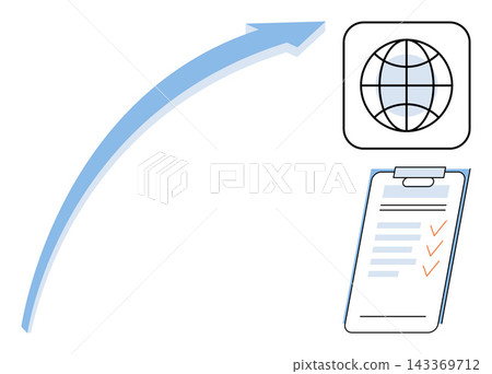 Upward arrow pointing to a globe icon and clipboard checklist vector illustration. International expansion, business growth, project management, global logistics, strategy planning, success. Rising Upward arrow pointing to a globe icon and clipboard checklist vector illustration. International expansion, business growth, project management, global logistics, strategy planning, success. Rising 143369712