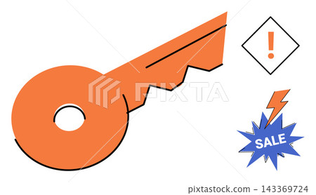 Orange key icon with warning sign and flash sale burst vector illustration. Business security, digital access, marketing promotion, discount offer, cyber protection, retail strategy. Unlock symbol Orange key icon with warning sign and flash sale burst vector illustration. Business security, digital access, marketing promotion, discount offer, cyber protection, retail strategy. Unlock symbol 143369724