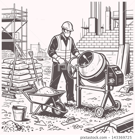 Worker Operating Concrete Mixer Worker Operating Concrete Mixer 143369725