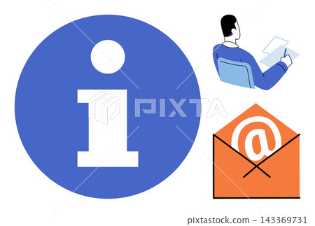 Information sign with a person writing at a desk and an email envelope vector illustration. Communication, contact, support, business, correspondence, digital messaging. Help symbol with a man Information sign with a person writing at a desk and an email envelope vector illustration. Communication, contact, support, business, correspondence, digital messaging. Help symbol with a man 143369731