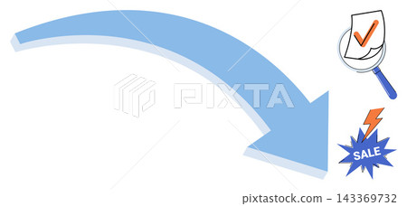 Blue arrow pointing down with document audit and flash sale icons vector illustration. Marketing, commerce, business growth, financial analysis, retail strategy, discount promotion. Directional Blue arrow pointing down with document audit and flash sale icons vector illustration. Marketing, commerce, business growth, financial analysis, retail strategy, discount promotion. Directional 143369732