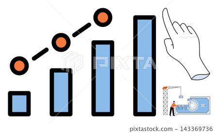 Bar chart with rising trend and hand pointer icon vector illustration. Financial progress, economic development, investment strategy, market analysis, corporate planning, construction project Bar chart with rising trend and hand pointer icon vector illustration. Financial progress, economic development, investment strategy, market analysis, corporate planning, construction project 143369736