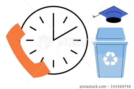 Clock with telephone, graduation cap, and recycling bin vector illustration. Education, waste management, time planning, environmental protection, communication, academic goals. Chronometer phone Clock with telephone, graduation cap, and recycling bin vector illustration. Education, waste management, time planning, environmental protection, communication, academic goals. Chronometer phone 143369748