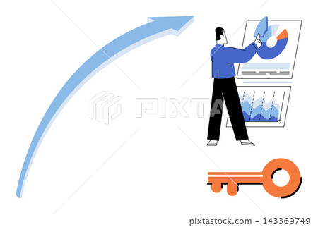 Man analyzing financial charts and key icon vector illustration. Business growth, data analysis, strategy, success, marketing, development. Professional examining performance metrics and solution Man analyzing financial charts and key icon vector illustration. Business growth, data analysis, strategy, success, marketing, development. Professional examining performance metrics and solution 143369749