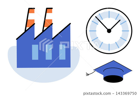 Factory building clock and graduation cap vector illustration. Productivity, education, time management, industrial development, academic success, workflow planning. Manufacturing plant timepiece 143369750