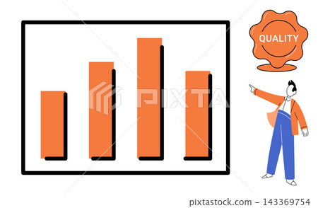 A businessman pointing at a bar chart with a quality seal vector illustration. Performance, growth, success, marketing, analysis, standards. Corporate worker gesturing to data statistics A businessman pointing at a bar chart with a quality seal vector illustration. Performance, growth, success, marketing, analysis, standards. Corporate worker gesturing to data statistics 143369754