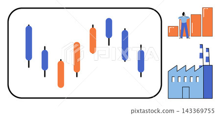 Financial candlestick chart with business growth and industrial factory vector illustration. Investment, economy, production, manufacturing, trading, corporate strategy. Market data graph 143369755