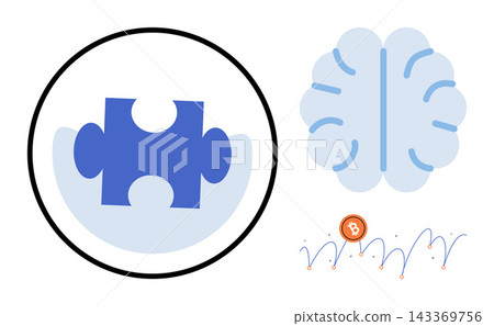 Brain puzzle piece and bitcoin market graph vector illustration. Financial analysis, crypto investment, logical thinking, market volatility, digital currency, problem solving. Mental jigsaw icon Brain puzzle piece and bitcoin market graph vector illustration. Financial analysis, crypto investment, logical thinking, market volatility, digital currency, problem solving. Mental jigsaw icon 143369756
