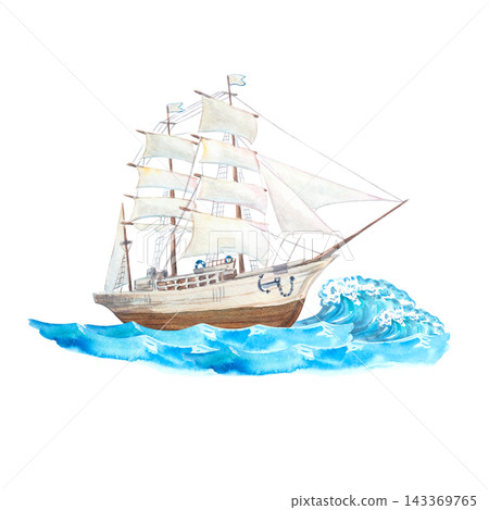 Watercolor vintage sailing ship with white sails on blue ocean wave. Hand drawn nautical illustration isolated on design element. Beautiful historic marine frigate drawing Watercolor vintage sailing ship with white sails on blue ocean wave. Hand drawn nautical illustration isolated on design element. Beautiful historic marine frigate drawing 143369765