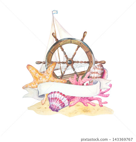 Watercolor nautical vignette with steering wheel, sailboat, starfish, shell and blank ribbon banner. Hand drawn marine illustration isolated on beach sand element. Coastal card design 143369767