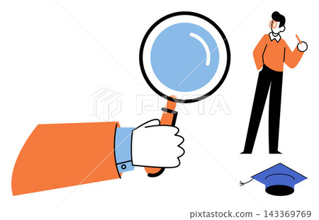 Hand holding a magnifying glass with a student and graduation cap vector illustration. Education, research, academic success, learning, knowledge, discovery. Person examining with lens Hand holding a magnifying glass with a student and graduation cap vector illustration. Education, research, academic success, learning, knowledge, discovery. Person examining with lens 143369769