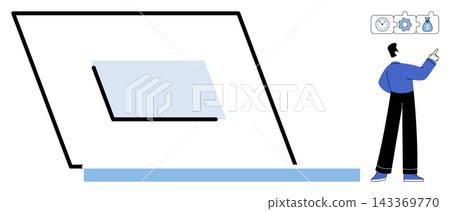 Businessman pointing at a laptop screen with business icons vector illustration. Productivity, time management, workflow, strategy, planning, digital solutions. Professional gesturing toward computer Businessman pointing at a laptop screen with business icons vector illustration. Productivity, time management, workflow, strategy, planning, digital solutions. Professional gesturing toward computer 143369770