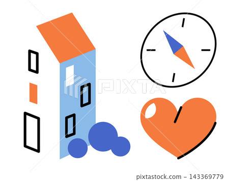 House compass and heart icons vector illustration. Travel, real estate, love, navigation, home, lifestyle. Residential building, magnetic direction tool, romantic shape graphic elements 143369779