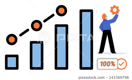Person adjusting a gear on a rising bar chart vector illustration. Productivity, business growth, strategy, success, development, performance. Man optimizing financial progress and results Person adjusting a gear on a rising bar chart vector illustration. Productivity, business growth, strategy, success, development, performance. Man optimizing financial progress and results 143369796