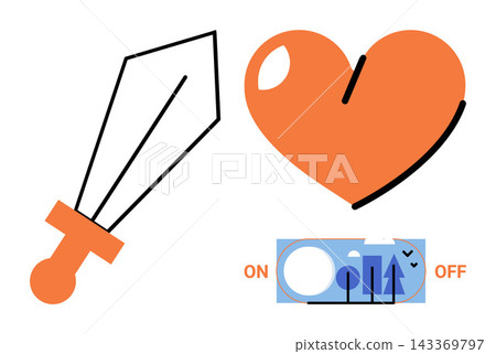 Sword heart and toggle switch vector illustration. Emotional regulation, mental health, self control, inner strength, balance, mindfulness. Blade and ticker icon with romantic symbol Sword heart and toggle switch vector illustration. Emotional regulation, mental health, self control, inner strength, balance, mindfulness. Blade and ticker icon with romantic symbol 143369797