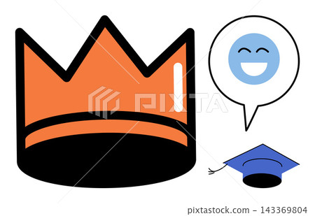 Crown emotion with speech bubble and graduation cap vector illustration. Achievement, success, education, social media, leadership, status. Royal headgear with academic hat and icon Crown emotion with speech bubble and graduation cap vector illustration. Achievement, success, education, social media, leadership, status. Royal headgear with academic hat and icon 143369804