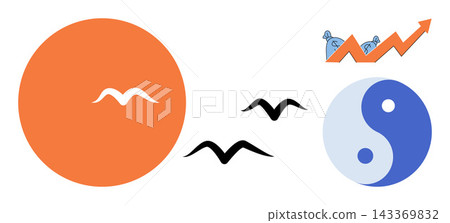 Yin yang symbol with rising profit arrow and flying birds vector illustration. Financial growth, market balance, investment success, economic stability, corporate strategy, wealth management. Harmony Yin yang symbol with rising profit arrow and flying birds vector illustration. Financial growth, market balance, investment success, economic stability, corporate strategy, wealth management. Harmony 143369832