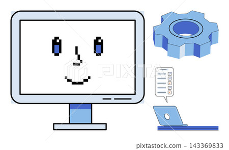 Computer monitor with pixel face gear icon and laptop vector illustration. Technology, software development, digital interface, system settings, user experience, technical support. Screen display Computer monitor with pixel face gear icon and laptop vector illustration. Technology, software development, digital interface, system settings, user experience, technical support. Screen display 143369833