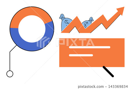 Financial growth chart with money bags and pie diagram vector illustration. Investment, profit, economy, banking, statistics, marketing. Business data visualization with rising arrow Financial growth chart with money bags and pie diagram vector illustration. Investment, profit, economy, banking, statistics, marketing. Business data visualization with rising arrow 143369834