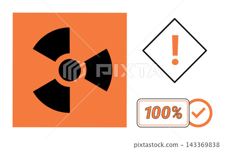 Radiation hazard symbol and exclamation mark warning sign vector illustration. Industrial safety, nuclear energy, radioactive danger, compliance check, risk management, quality control. Atomic alert Radiation hazard symbol and exclamation mark warning sign vector illustration. Industrial safety, nuclear energy, radioactive danger, compliance check, risk management, quality control. Atomic alert 143369838