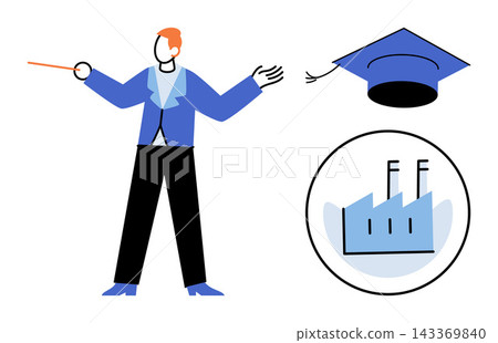 Instructor with pointer and graduation cap near factory icon vector illustration. Education, vocational training, industrial career, skill development, manufacturing, academic growth. Teacher guiding Instructor with pointer and graduation cap near factory icon vector illustration. Education, vocational training, industrial career, skill development, manufacturing, academic growth. Teacher guiding 143369840