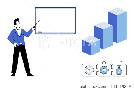 Businessman pointing at a whiteboard with a bar chart and productivity icons vector illustration. Strategy, growth, management, planning, efficiency, finance. Professional presenting data Businessman pointing at a whiteboard with a bar chart and productivity icons vector illustration. Strategy, growth, management, planning, efficiency, finance. Professional presenting data 143369869