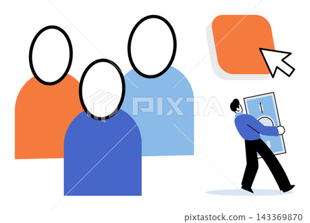 A businessman carrying money towards a group of people and a cursor vector illustration. Marketing, investment, customer acquisition, target audience, financial growth, sales strategy. Entrepreneur A businessman carrying money towards a group of people and a cursor vector illustration. Marketing, investment, customer acquisition, target audience, financial growth, sales strategy. Entrepreneur 143369870
