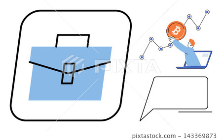 Business briefcase icon with a person holding a bitcoin coin near a growth chart vector illustration. Finance, investment, cryptocurrency, digital marketing, online trading, corporate strategy Business briefcase icon with a person holding a bitcoin coin near a growth chart vector illustration. Finance, investment, cryptocurrency, digital marketing, online trading, corporate strategy 143369873