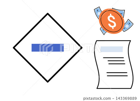 Minus sign in a diamond frame with a document and money vector illustration. Debt reduction, financial loss, budget deficit, accounting, bankruptcy, economic crisis. Negative symbol with paper Minus sign in a diamond frame with a document and money vector illustration. Debt reduction, financial loss, budget deficit, accounting, bankruptcy, economic crisis. Negative symbol with paper 143369889