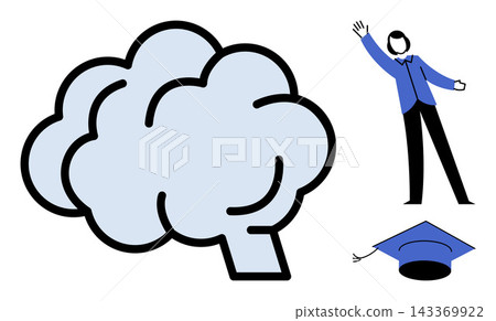 Human brain icon with a student character and graduation cap vector illustration. Education, academic achievement, cognitive development, learning process, intelligence, school success. Mental organ 143369922